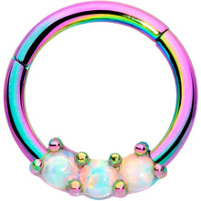 Load image into Gallery viewer, 16G 5/16 White Synthetic Opal Rainbow Trio Hinged Segment Ring
