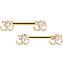Load image into Gallery viewer, 14G 9/16 Clear CZ Gem Gold Hue Amazing Om Barbell Nipple Ring Set
