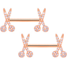 Load image into Gallery viewer, 14G 1/2 Clear CZ Gem Rose Gold Tone Scissors Nipple Ring Set
