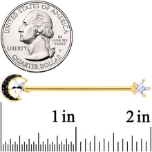 将图片加载到图库查看器，14G Clear CZ Gem Gold Hue Star Black Moon Industrial Barbell 38mm
