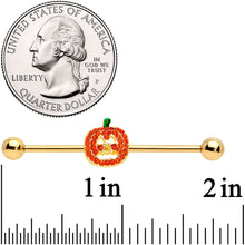 Load image into Gallery viewer, 14G Orange Gem Gold Tone Jack O Lantern Industrial Barbell 38mm
