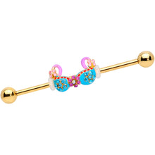 Load image into Gallery viewer, 14G Aqua Pink Gem Gold Tone Bikini Top Industrial Barbell 38mm
