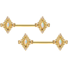 Load image into Gallery viewer, 14G 9/16 White Synthetic Opal Gold Tone Barbell Nipple Ring Set
