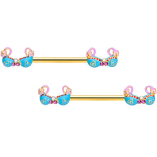 Load image into Gallery viewer, 14G 5/8 Pink Gem Gold Tone Bikini Top Barbell Nipple Ring Set
