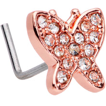 Load image into Gallery viewer, 20G 7mm Clear CZ Gem Rose Gold Tone Spring Butterfly L Shape Nose Ring
