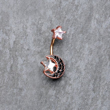 Load image into Gallery viewer, Clear CZ Gem Rose Gold Tone Black Moon Double Mount Belly Ring
