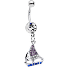 Load image into Gallery viewer, Clear Blue Purple Gem Sailboat Dangle Belly Ring

