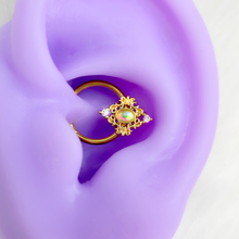 Load image into Gallery viewer, 16G 3/8 White Synthetic Opal Gold Tone Oval Hinged Segment Ring
