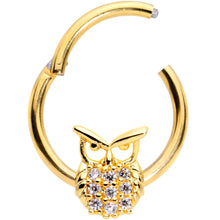 Load image into Gallery viewer, 16G 3/8 Clear CZ Gem Gold Tone Opulent Owl Hinged Segment Ring
