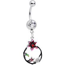 将图片加载到图库查看器，Clear Gem Black Hoop Pink Flower Dangle Belly Ring
