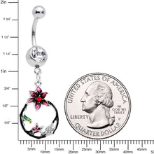 将图片加载到图库查看器，Clear Gem Black Hoop Pink Flower Dangle Belly Ring

