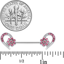 Load image into Gallery viewer, 14G 9/16 Pink Gem Flower Heart Barbell Nipple Ring Set
