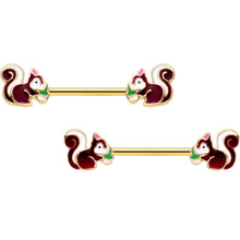将图片加载到图库查看器，14G 9/16 Gold Tone Snacking Squirrel Barbell Nipple Ring Set
