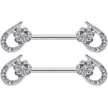 Load image into Gallery viewer, 14G 5/8 Clear Gem Heart Flower Barbell Nipple Ring Set
