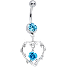 Load image into Gallery viewer, Aqua Gem Rose Heart Valentines Day Dangle Belly Ring
