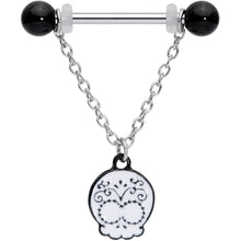 Load image into Gallery viewer, 14G 11/16 Black UV Ball Sugar Skull Chain Dangle Nipple Ring Set
