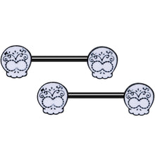 Load image into Gallery viewer, 14G 9/16 Black Calavera Sugar Skull Barbell Nipple Ring Set
