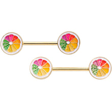 将图片加载到图库查看器，14G 5/8 Gold Tone Rainbow Grapefruit Barbell Nipple Ring Set
