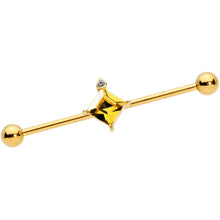 Load image into Gallery viewer, 14G Clear Yellow Gem Gold Tone Rhombus Industrial Barbell 38mm
