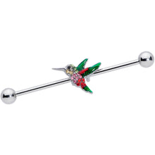 Load image into Gallery viewer, 14G Red Pink Gem Green Hummingbird Industrial Barbell 38mm
