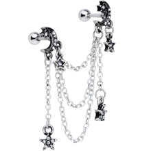 Load image into Gallery viewer, 16G 1/4 Clear Gem Moon Star Triple Dangle Cartilage Chain Earring
