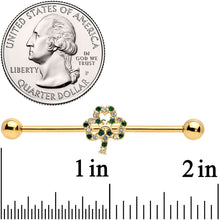 Load image into Gallery viewer, 14G Green Gem Gold Tone Double Shamrock Industrial Barbell 38mm
