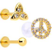 Load image into Gallery viewer, 16G 5/16 Clear CZ Gem Gold Tone Peace Labret Tragus Set of 3
