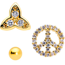 Load image into Gallery viewer, 16G 5/16 Clear CZ Gem Gold Tone Peace Labret Tragus Set of 3

