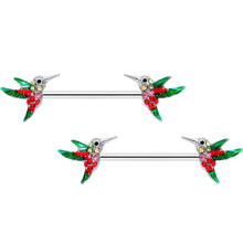 Load image into Gallery viewer, 14G 9/16 Red Pink Gem Green Hummingbird Barbell Nipple Ring Set
