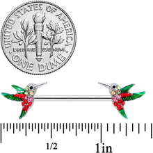 Load image into Gallery viewer, 14G 9/16 Red Pink Gem Green Hummingbird Barbell Nipple Ring Set
