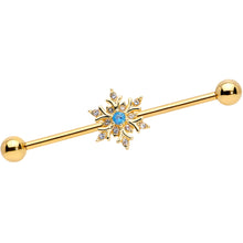 Load image into Gallery viewer, 14G Blue CZ Gem Gold Tone Snowflake Industrial Barbell 38mm
