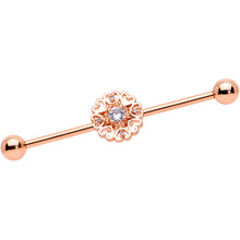 将图片加载到图库查看器，14G Clear CZ Gem Rose Gold Tone Hearts Industrial Barbell 38mm
