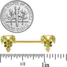 Load image into Gallery viewer, 14G 9/16 Green Gem Gold Tone Bunch Grapes Barbell Nipple Ring Set

