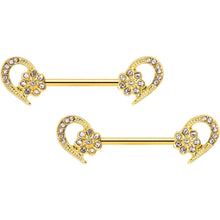 Load image into Gallery viewer, 14G 9/16 Clear Gem Gold Tone Flower Heart Barbell Nipple Ring Set

