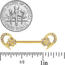 Load image into Gallery viewer, 14G 9/16 Clear Gem Gold Tone Flower Heart Barbell Nipple Ring Set
