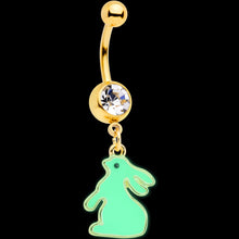 Load image into Gallery viewer, Clear Gem Gold Tone Glow in the Dark Easter Bunny Dangle Belly Ring
