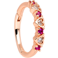Load image into Gallery viewer, 16G 3/8 Clear Pink CZ Gem Rose Gold Tone Hearts Hinged Segment Ring
