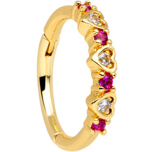 Load image into Gallery viewer, 16G 3/8 Clear Red CZ Gem Gold Tone Hearts Hinged Segment Ring
