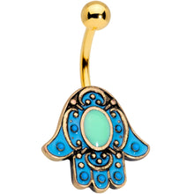 Load image into Gallery viewer, Gold Tone Aqua Ornate Hamsa Hand Belly Ring
