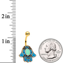 Load image into Gallery viewer, Gold Tone Aqua Ornate Hamsa Hand Belly Ring
