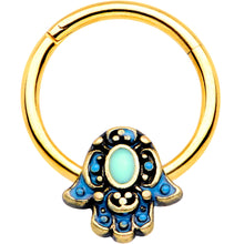 将图片加载到图库查看器，16G 3/8 Gold Tone Aqua Ornate Hamsa Hand Septum Ring
