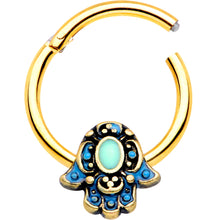 将图片加载到图库查看器，16G 3/8 Gold Tone Aqua Ornate Hamsa Hand Septum Ring
