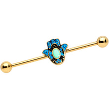 Load image into Gallery viewer, 14G Gold Tone Aqua Ornate Hamsa Hand Industrial Barbell 38mm
