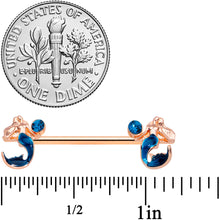 Load image into Gallery viewer, 14G 9/16 Aqua Gem Rose Gold Tone Mermaid Nipple Ring Set
