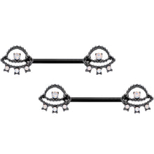 Load image into Gallery viewer, 14G 9/16 White Faux Opal Black UFO Barbell Nipple Ring Set
