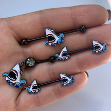 Load image into Gallery viewer, 14G 5/8 Black Shark Bite Barbell Nipple Ring Set
