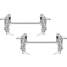 Load image into Gallery viewer, 14G 5/8 Clear Black Gem Shark Barbell Nipple Ring Set
