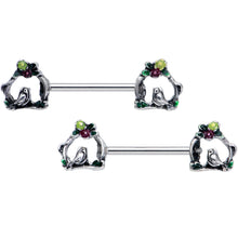 Load image into Gallery viewer, 14G 9/16 Purple Yellow Flower Swing Bird Barbell Nipple Ring Set
