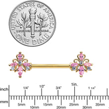 Load image into Gallery viewer, 14G 9/16 Pink CZ Gem Gold Tone Pretty Barbell Nipple Ring Set
