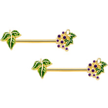 Load image into Gallery viewer, 14G 9/16 Gold Tone Yummy Grapes Barbell Nipple Ring Set
